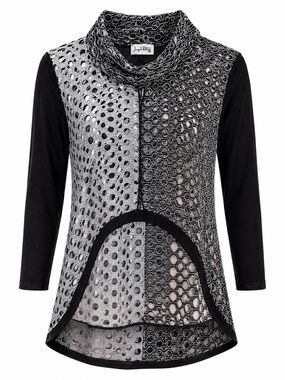 Joseph Ribkoff Sweater Black Silver Openwork Cowl Neck High Low Top Size 12
